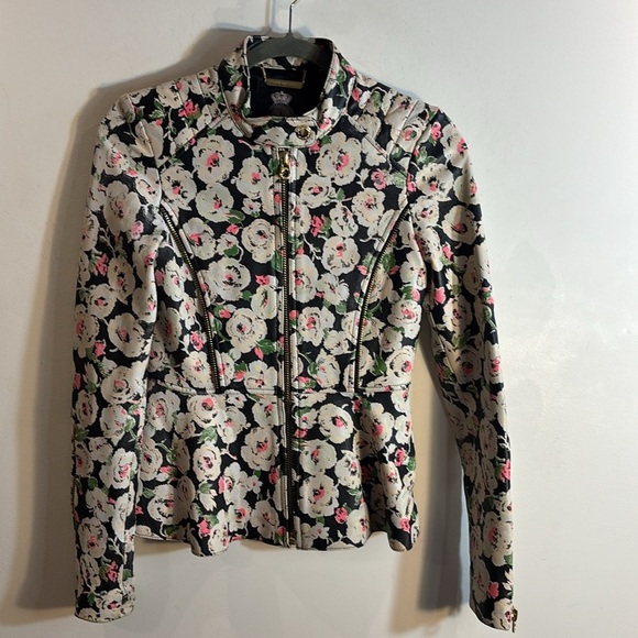 JUICE COUTURE Sz XS Lambskin Peplum Hem Floral Moto Style Jacket Mao Neckline - Picture 2 of 11